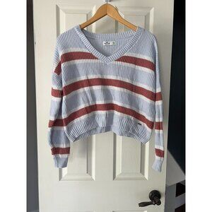 Hollister Striped Knit Sweater Women’s XXS V-Neck Cropped Pullover Blue Red Whit